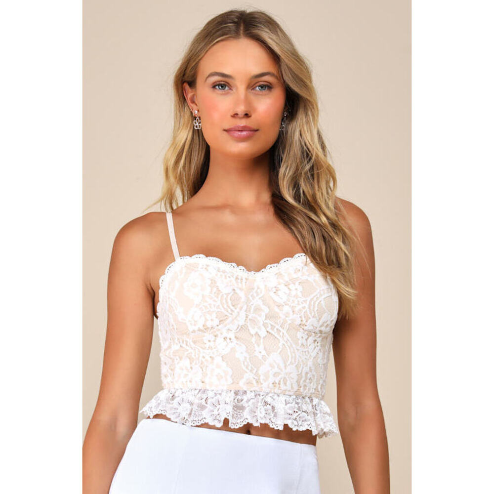 Lulus Sensationally Flirty White And Beige Lace Bustier Cami Top - Size L